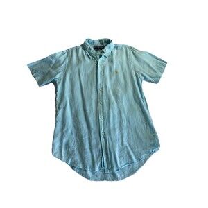 Ralph Lauren Shirt Mens Size Medium Turquoise Pony Button Up Short Sleeve Linen